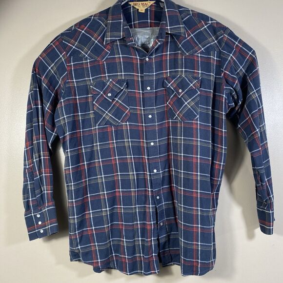 VINTAGE Big Mac Shirt Men XLT Plaid Flannel  Workwear Blue Cotton Snap Buttons - Picture 1 of 16